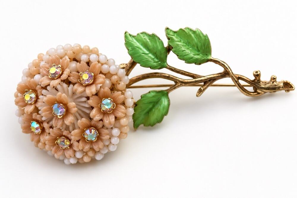 Vtg 1950s Floral Spray Brooch Pink Flowers Milk Glass Beads AB Crystal Robert 4”